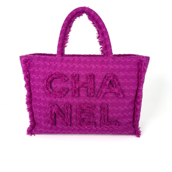 Authentic CHANEL Wool Tweed Giant Logo Purple Pink  Zip Shopping Tote  Bag - Picture 3 of 10